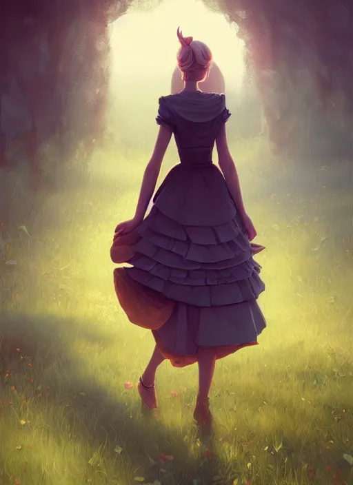 Image similar to alice wonderland detailed dress, half body shot, arms down, path traced, highly detailed, high quality, digital painting, alena aenami, arnold bocklin, tom bagshaw