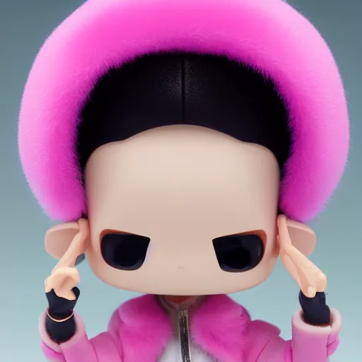 Image similar to magic mushroom, david bowie wearing pink puffy bomber jacket with white fur, nendroid, craig mullins style