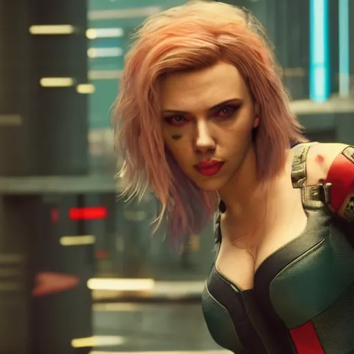 Prompt: injured scarlett johansson after a bad mission in Cyberpunk 2077. CP2077. 3840 x 2160