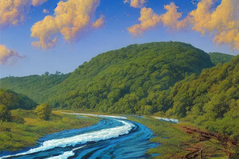 Prompt: two rivers converge to form one larger river, appalachian mixed mesophytic forest, vibrant blue sky background, by Cortes Thurman the greatest Barbizon-influenced concept artist ever known and by Joe Jusko, rendered in hyperdetailed Ultra HD, trending on ArtStation, unnerving