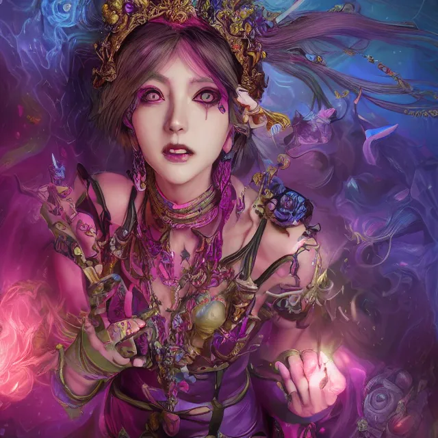 Image similar to the portrait of chaotic evil fallen colorful female necromancer overlord as absurdly beautiful, elegant, young idol, an ultrafine hyperdetailed illustration by kim jung gi, irakli nadar, detailed faces, intricate linework, bright colors, octopath traveler, unreal engine 5 highly rendered, global illumination, radiant light, detailed and intricate environment, 8 k