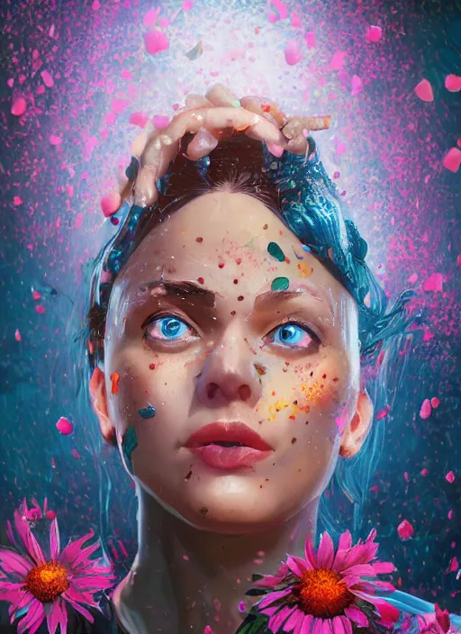 Prompt: An epic fantastic realism comic book style portrait painting of the most beautiful woman in the universe, flowers rain everywhere, fisheye lens, Apex Legends Concept Art, unreal 5, DAZ, hyperrealistic, octane render, cosplay, RPG portrait, dynamic lighting