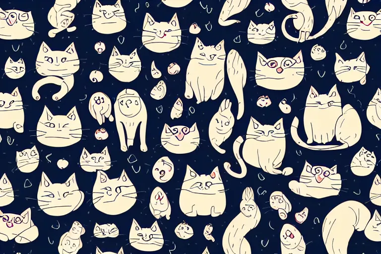 Prompt: beautiful art illustration of a group of happy cats by studio ghibli, thick lineart, highly detailed, seamless pattern, tiling, anime style