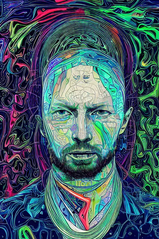 Image similar to A portrait of Thom Yorke as a cyberpunk android, iridescent highlights, surrounded by digital swirls, highly detailed, intricate, soft, sci-fi, sharp focus, subsurface scattering, art by Moebius, Alphonse Mucha