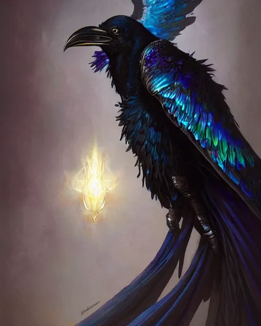 Prompt: character portrait of a raven angel of night with iridescent black raven wings wearing robes, lord of change, by peter mohrbacher, mark brooks, jim burns, marina abramovic, wadim kashin, greg rutkowski, trending on artstation