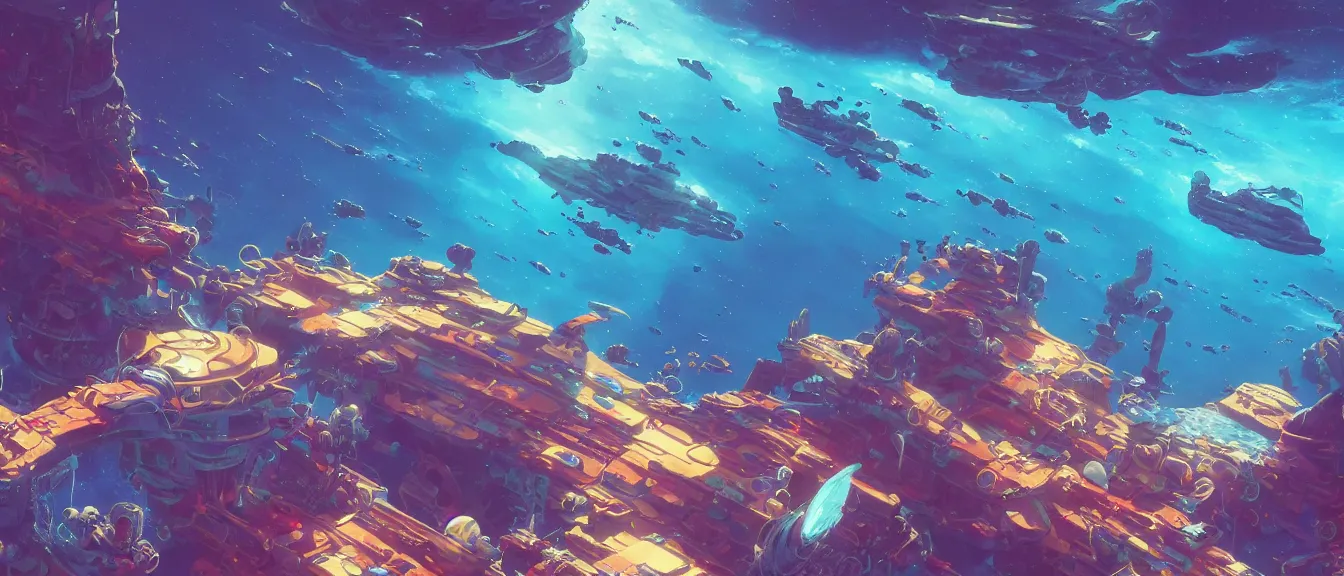 Image similar to underwater space station on a colorful ocean, unreal engine, fantasy art by greg, loish, rhads, ferdinand knab, makoto shinkai, lois van baarle, ilya kuvshinov, rossdraws, tom bagshaw, global illumination, radiant light, highly detailed intricate environment, isometric, onstudio ghibli, octane render, 8 k