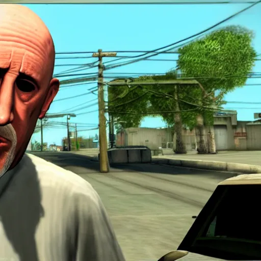 Prompt: Mike Ehrmantraut in Grove Street, screenshot from the PS2 version of GTA San Andreas