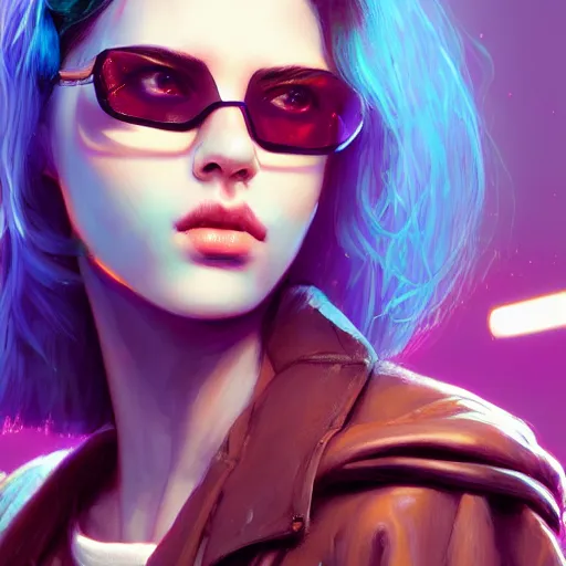 Image similar to very detailed masterpiece closeup painting of a very beautiful young mexican cyberpunk woman with light blue shutter shades, one side haircut, brown hair with light blue ends, purple leather jacket, beauty mark on cheek, portrait, synthwave background, artstation, concept art by greg rutkowski