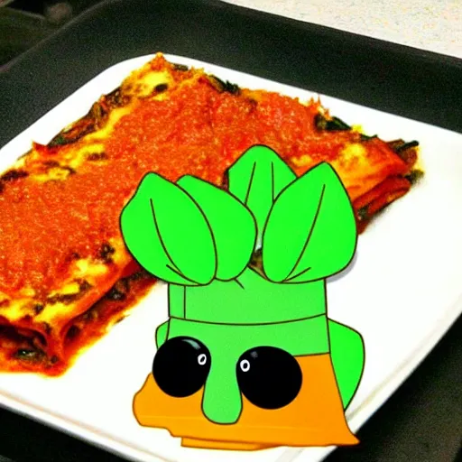 Image similar to cute platypus wearing a chef hat while holding a lasagna with three basil leaves over the lasagna