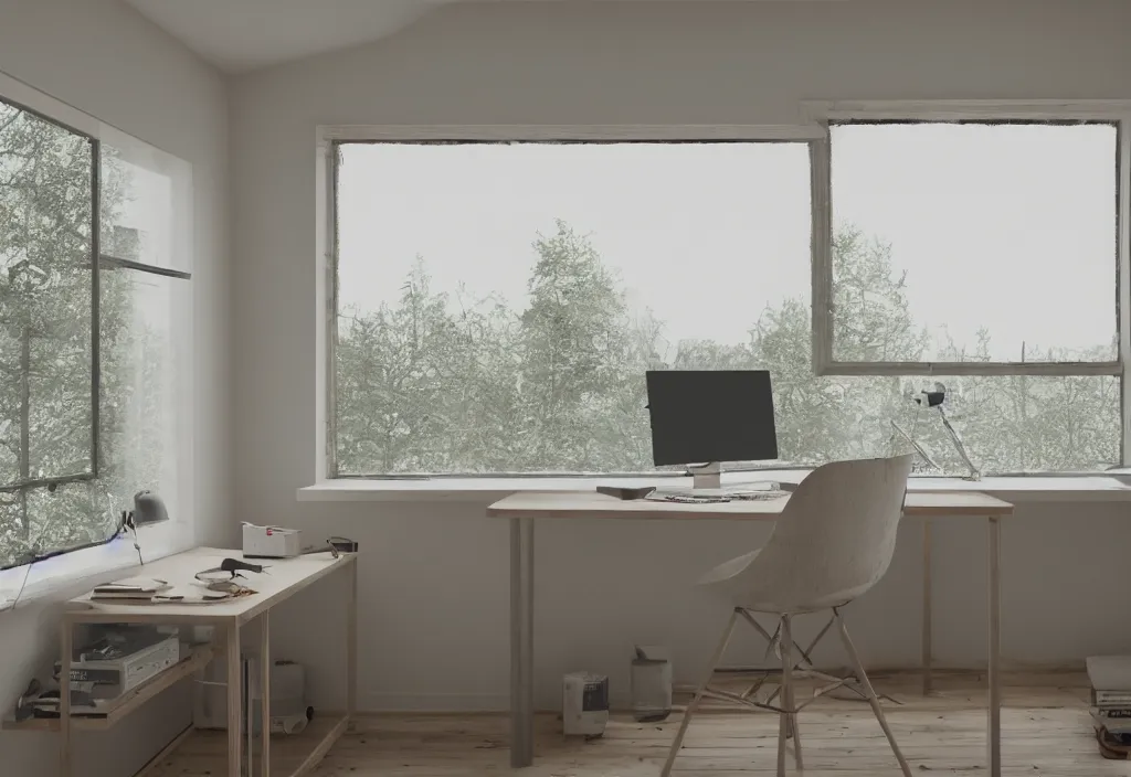 Prompt: kodak portra 4 0 0 photographic and realistic, a modern room large windows with a clean desk, nothing on the desk except for a desktop computer, detailed, octane render, unreal engine, 4 k, artstation, hyper realistic, wide angle, 3 5 mm, sharp focus, warm light, in the style of gregory crewdson