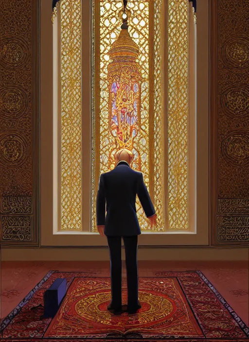 Image similar to vladimir putin praying in the mosque, intricate, elegant, highly detailed, my rendition, digital painting, artstation, concept art, smooth, sharp focus, illustration, art by artgerm and greg rutkowski and alphonse mucha and uang guangjian and gil elvgren and sachin teng,