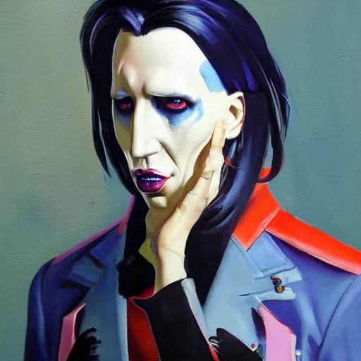 Image similar to Greg Manchess portrait painting of Marilyn Manson as Overwatch character, medium shot, profile picture, Organic Painting, sunny day, Matte Painting, bold shapes, hard edges, street art, trending on artstation, by Huang Guangjian and Gil Elvgren and Sachin Teng