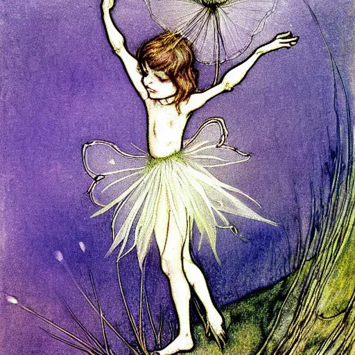 Image similar to a beautiful fairytale painting of a dandelion seed that is also a fairy. the dandelion seed is the body of the fairy. beautiful clear painting by arthur rackham