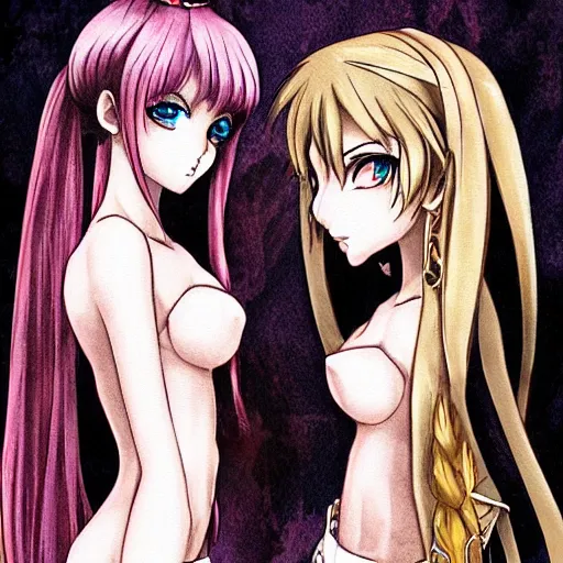 Prompt: a serious stare down between two beautiful pirate girls standing face to face, detailed anime art