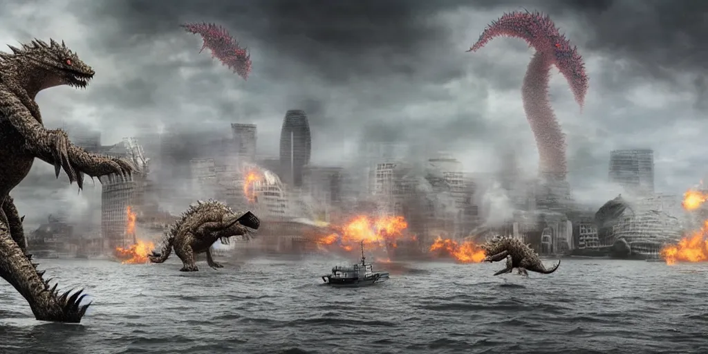 Prompt: kaiju attack in london photography realistic, detailed, cinematic