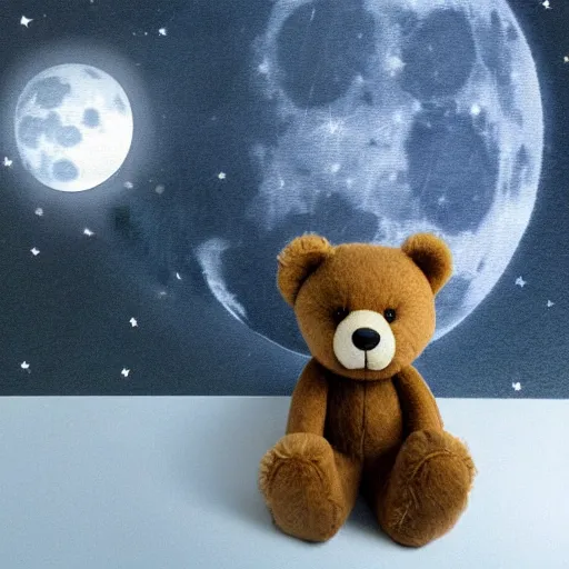 Prompt: Teddybear sitting in bed photorealistic in focus moon an stars in the background dark lighting