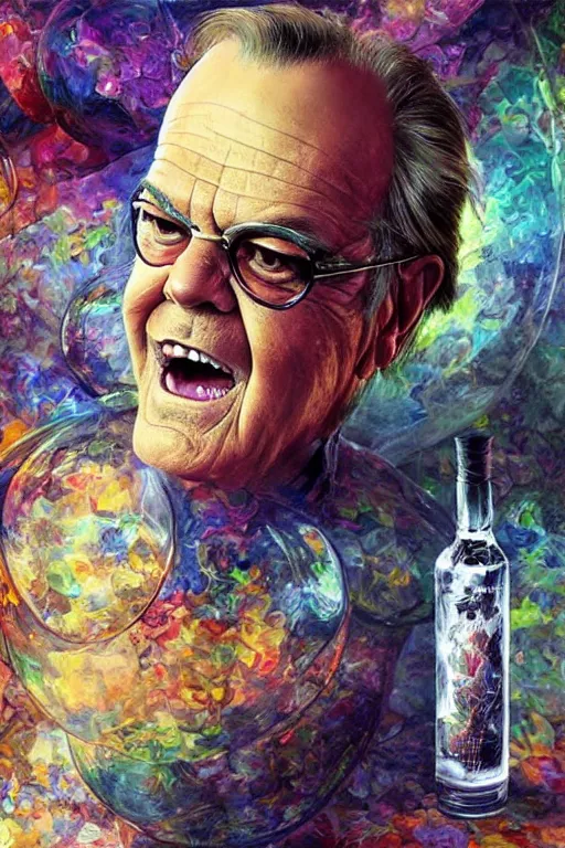 Image similar to a ship in a bottle but instead of a ship it is jack nicholson in the bottle, painting by android jones and artgerm and greg rutkowski