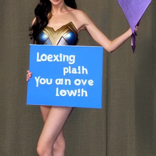 Image similar to Gal Gadot holding a sign that SHE LOVES MITCH!!!!!! as painted by Ralph Horsley