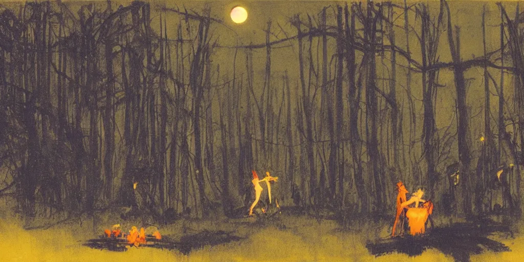 Image similar to forest mystical ceremony under the moon light, fireflies, ominous sky, by jeffrey catherine jones