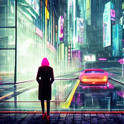 Prompt: cyberpunk city, woman in plastic coat, reflections, rain, neon, hyper realistic