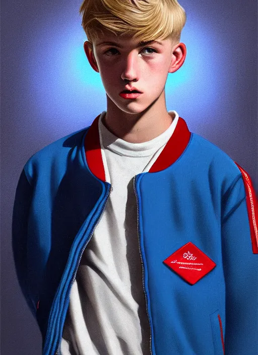 Image similar to portrait of a teenage boy named moose mason, blonde short hair, jock, beefy, square jaw, square facial structure, 1 9 5 0 s, blue varsity jacket, intricate, elegant, glowing lights, highly detailed, digital painting, artstation, concept art, smooth, sharp focus, illustration, art by wlop, mars ravelo and greg rutkowski