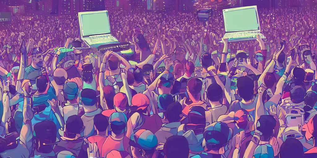 Image similar to rapper on stage over huge crowd reaching up to him, digital art, vapor wave, hip hop, trending on Artstation, professional artist, detailed, 4k