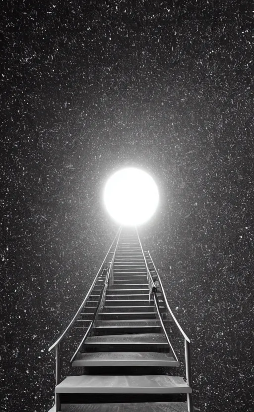 Image similar to a staircase heading to a black hole, dark scary figure standing at the top of the staircase