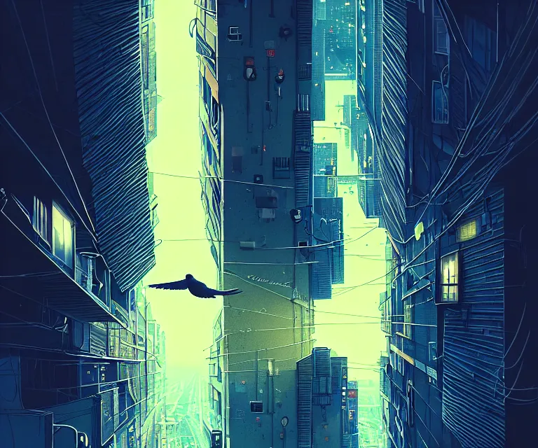 Prompt: birdseye view, a boy confined in a glass box middle of the streets, night, light over boy, by yoshitaka amano and alena aenami, cg society contest winner, retrofuturism, matte painting, apocalypse landscape, cityscape