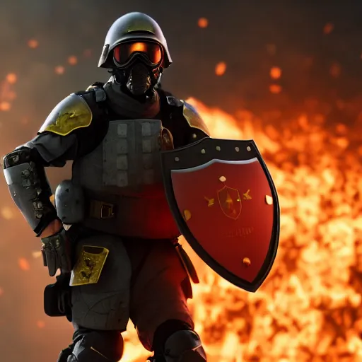 Image similar to Heavily armored soldier with a shield riding a hoverboard with several buildings on fire behind him, cinematic lighting, highly detailed, 8k octane render