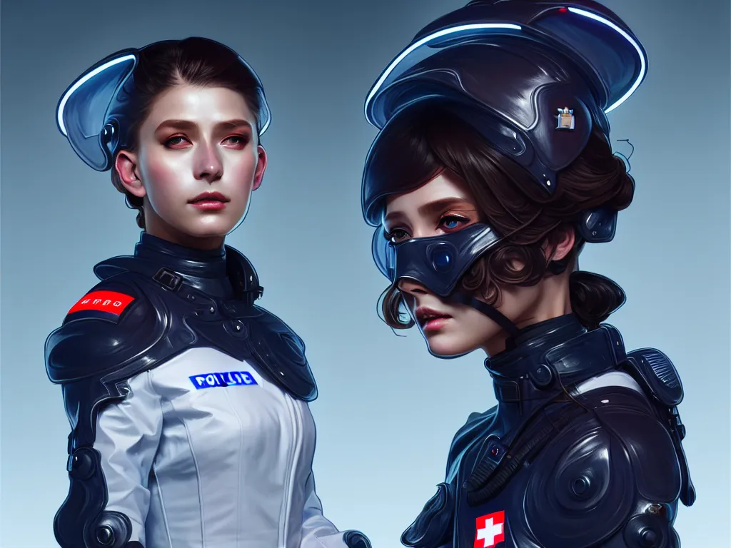 Image similar to portrait futuristic swiss police uniform female, at future neon light rooftop, ssci - fi and fantasy, intricate and very very beautiful and elegant, highly detailed, digital painting, artstation, concept art, smooth and sharp focus, illustration, art by tan zi and ayanamikodon and alphonse mucha and wlop