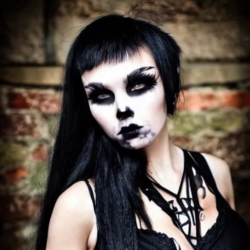Image similar to a beautiful goth blasian woman with heterochromia and gothic clothing