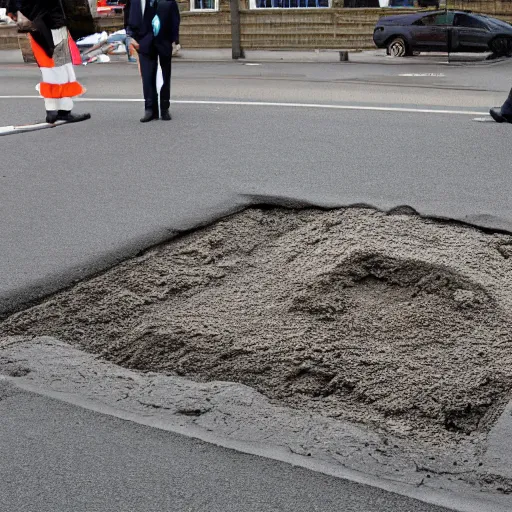 Image similar to photograph of margaret thatcher buried beneath a paved road