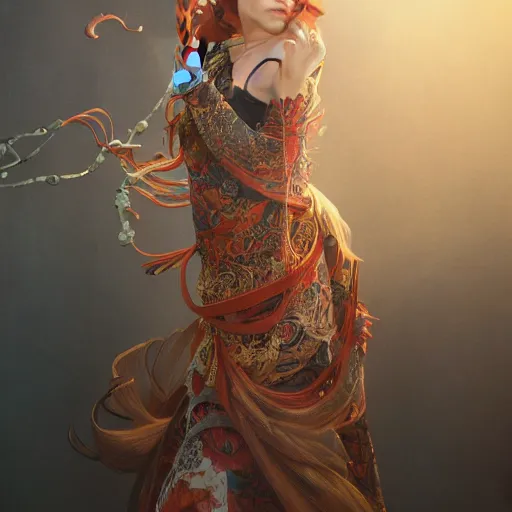 Prompt: a photorealistic dramatic fantasy render of a beautiful woman scarlet johanson wearing a beautiful intricately detailed japanese monkey kitsune mask and clasical japanese kimono by wlop, artgerm, greg rutkowski, alphonse mucha, epic, beautiful dynamic dramatic dark moody lighting, shadows, cinematic atmosphere, artstation, concept design art, octane render, 8 k