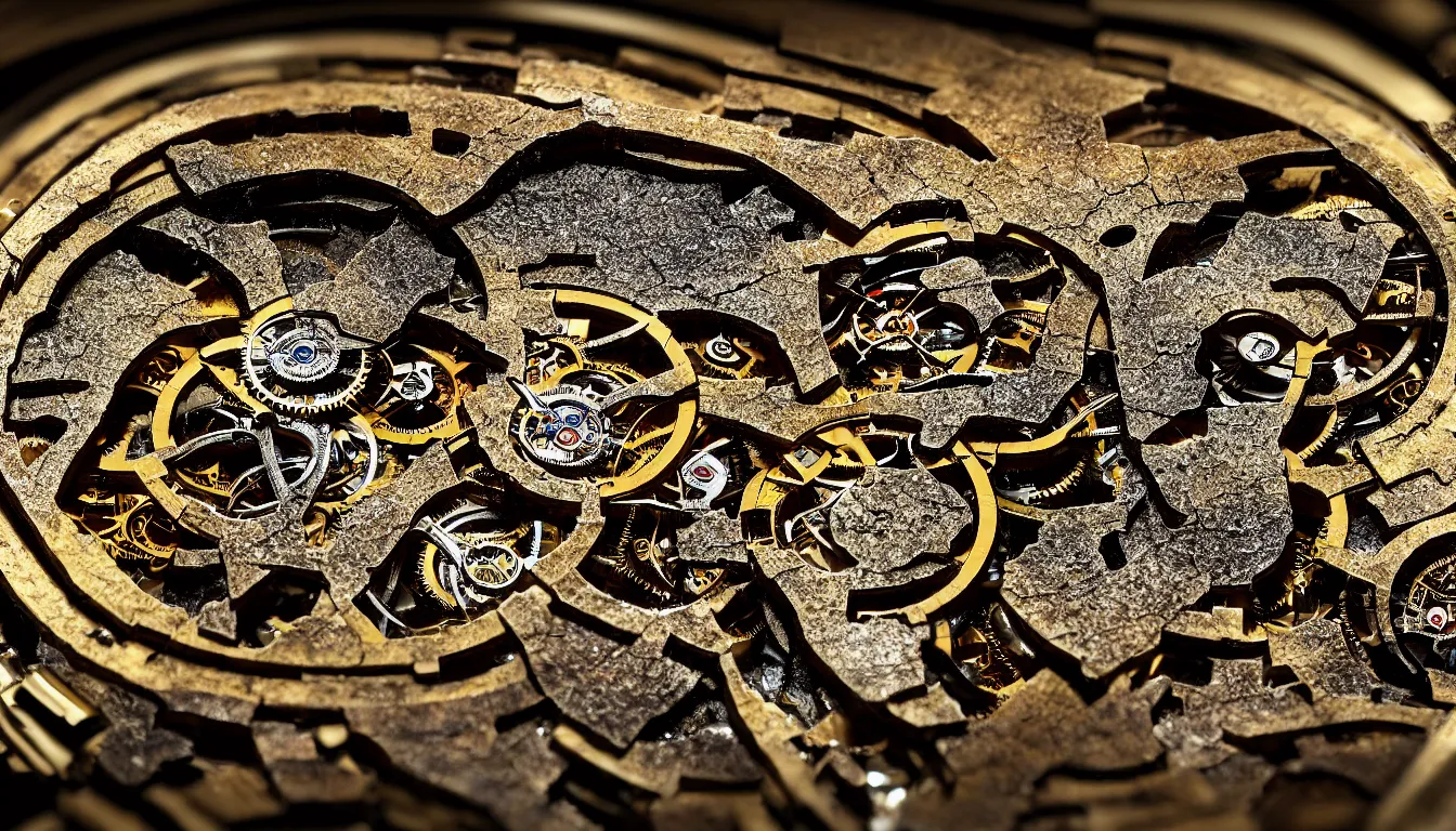 Prompt: detailed view from inside a clockwork watch, entangled roots, cracked earth, living microorganisms, decaying, hyper realistic photo, full colour, upscale, 8 k