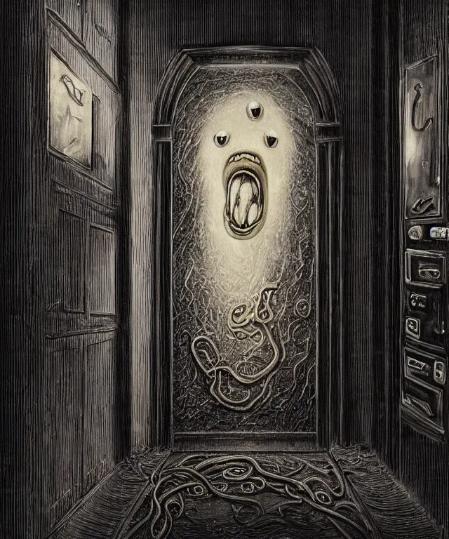 Prompt: horrifying photorealistic painting of a 1 9 2 5 hotel elevator lobby, elevator doors look like a mouth, with a tentacle - shaped tongue, licking out, dark, atmospheric, brooding, smooth, finely detailed, cinematic, epic, lovecraft, in the style of lee gibbons