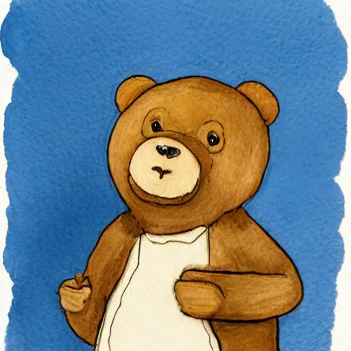 Image similar to a grumpy human man in a bear costume, holding a goldfish inside a bowl. watercolour with pencil, in the style of beatrix potter.