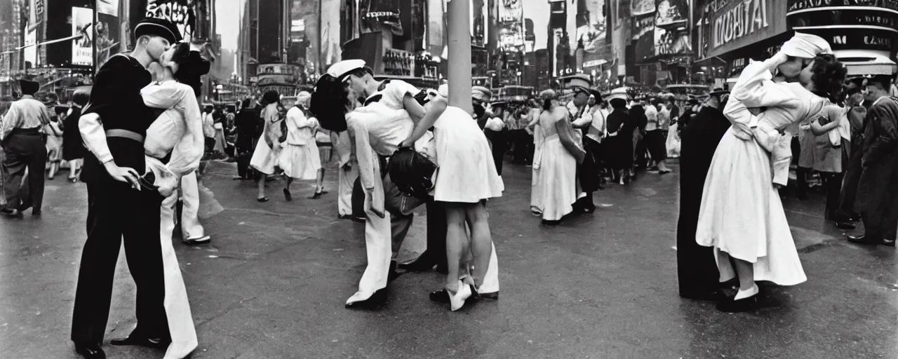 Prompt: alfred eisenstaedt's photograph of spaghetti and an american sailor kissing a woman in times square, 1 9 4 5, canon 5 0 mm, kodachrome, retro