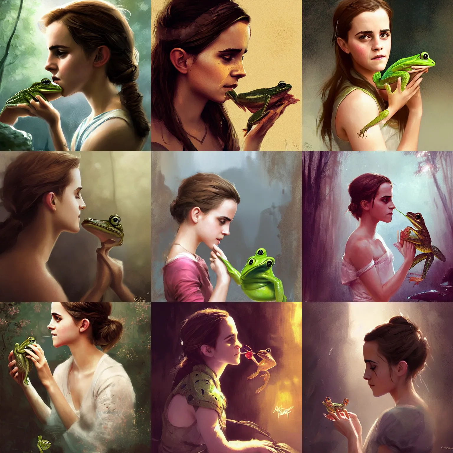 Prompt: princess emma watson kisses a frog, digital art by greg rutkowski