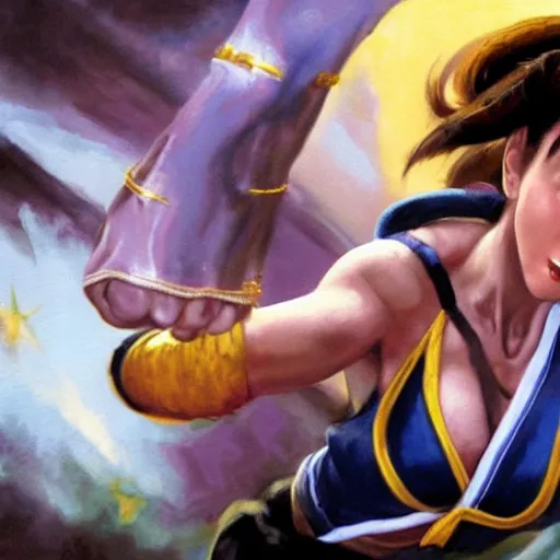 Image similar to ultra realistic kristen schaal as chun li from street fighter, portrait painting by frank frazetta, 4 k, ultra realistic, highly detailed,