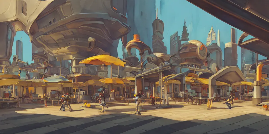 Prompt: overwatch building, stylized, exterior, architecture, in watercolor gouache detailed paintings, insanely detail, artstation, 8 k, futuristic, big medium small, arcane, simon stalenhag, food stall, interesting shapes & form, golden ratio, megastructures, vitaly bulgarov, mall, elites, clean