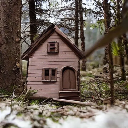 Prompt: a Eerie cabin in the middle of the woods in the style of claymation