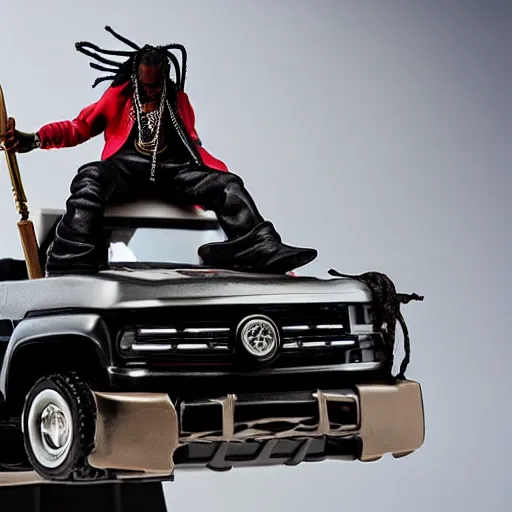 Prompt: travis scott action figure with dreads standing on top of a black rc pickup truck, close up studio photograph, white background
