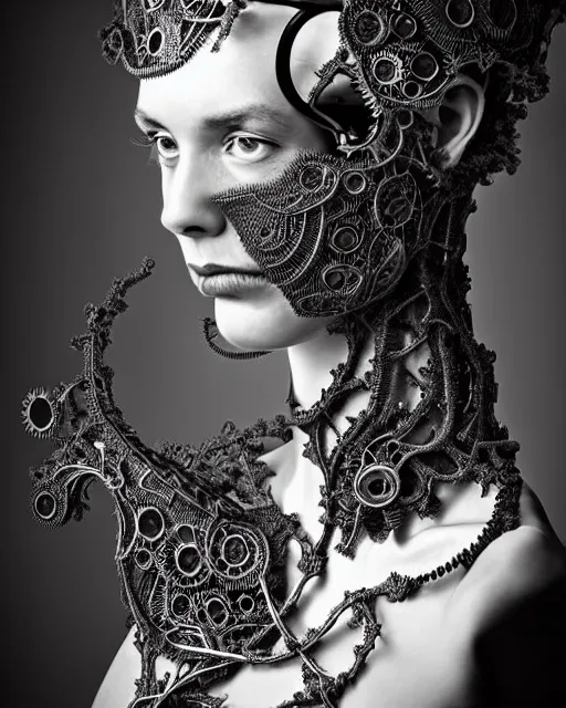 Image similar to surreal black and white photo portrait of complex bio-mechanical beautiful young female vegetal-cyborg with a Mandelbrot fractal steampunk metal fine lace face, curled silver hair and a fine metal floral foliage super big lace collar by Alexander McQueen:: high fashion, haute couture, rococo, steampunk, silver filigree details, anatomical, facial muscles, cable wires, microchip, elegant, hyper realistic, 150 mm lens, soft rim light, octane render, unreal engine, picture was taken in 1910 by Dora Maar, volumetric lighting, 8k,