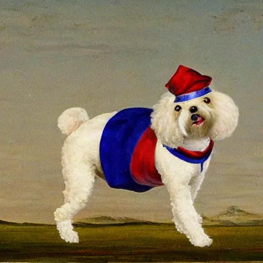 Image similar to bichon frise dog wearing a jester costume while standing on hind legs, medieval painting