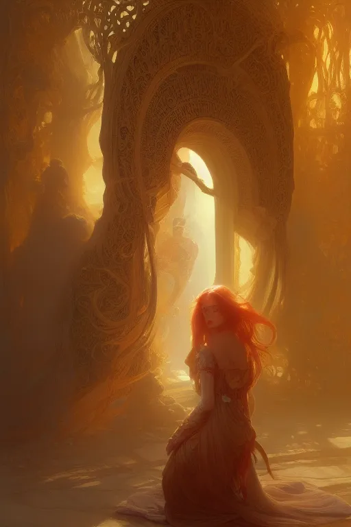 Image similar to painting of a shy noon in front of a dimensional portal, decorated, intricate, elegant, highly detailed, digital painting, artstation, concept art, smooth, sharp focus, illustration, art by artgerm and greg rutkowski and alphonse mucha, 8 k