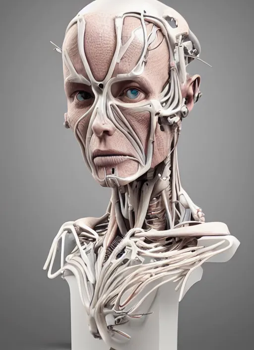 Image similar to a bust sculpture of anatomical female detailed cyborg, veins, become human, ceramic base, orthographic, studio lighting