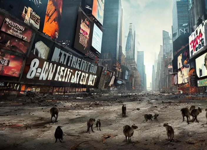 Image similar to film still of post apocalyptic empty time square, overgrown with wildlife walking through in the new sci - fi movie, 8 k