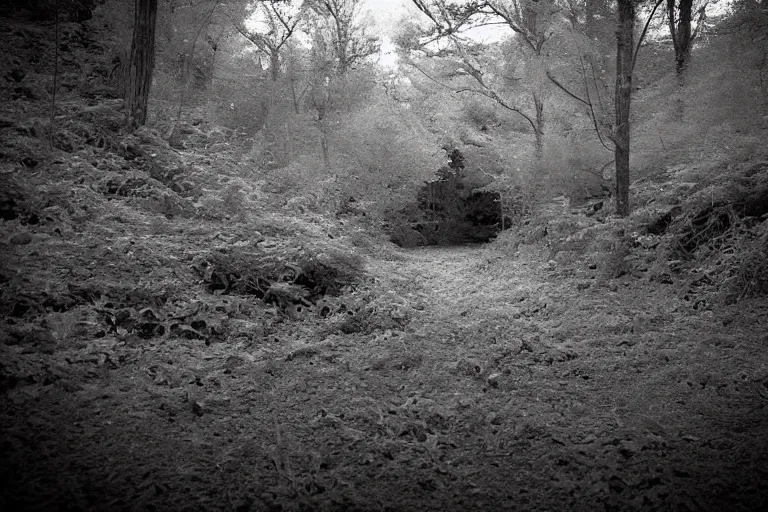 Prompt: infrared night vision trail cam of an alien grey creeping through a creek