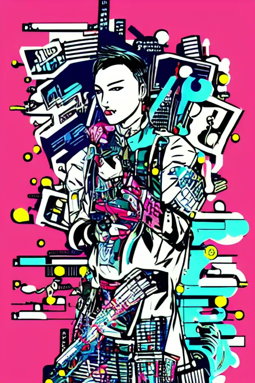 Image similar to futuristic japanese cyberpunk by roy lichtenstein, by andy warhol, ben - day dots, pop art, bladerunner pixiv contest winner, cyberpunk style, cyberpunk color scheme, mechanical, high resolution, hd