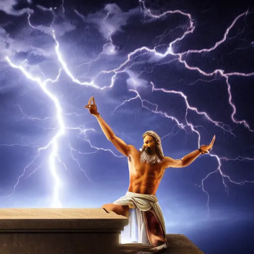 Image similar to zeus with his hand in the air calling down a lighting strike, 8k super detailed, highly detailed, ultra hd, professional digital art, artistic, cinematic,